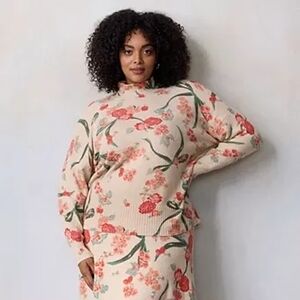 LC Lauren Conrad Cream Floral Turtleneck Sweater with Coral & Green Print